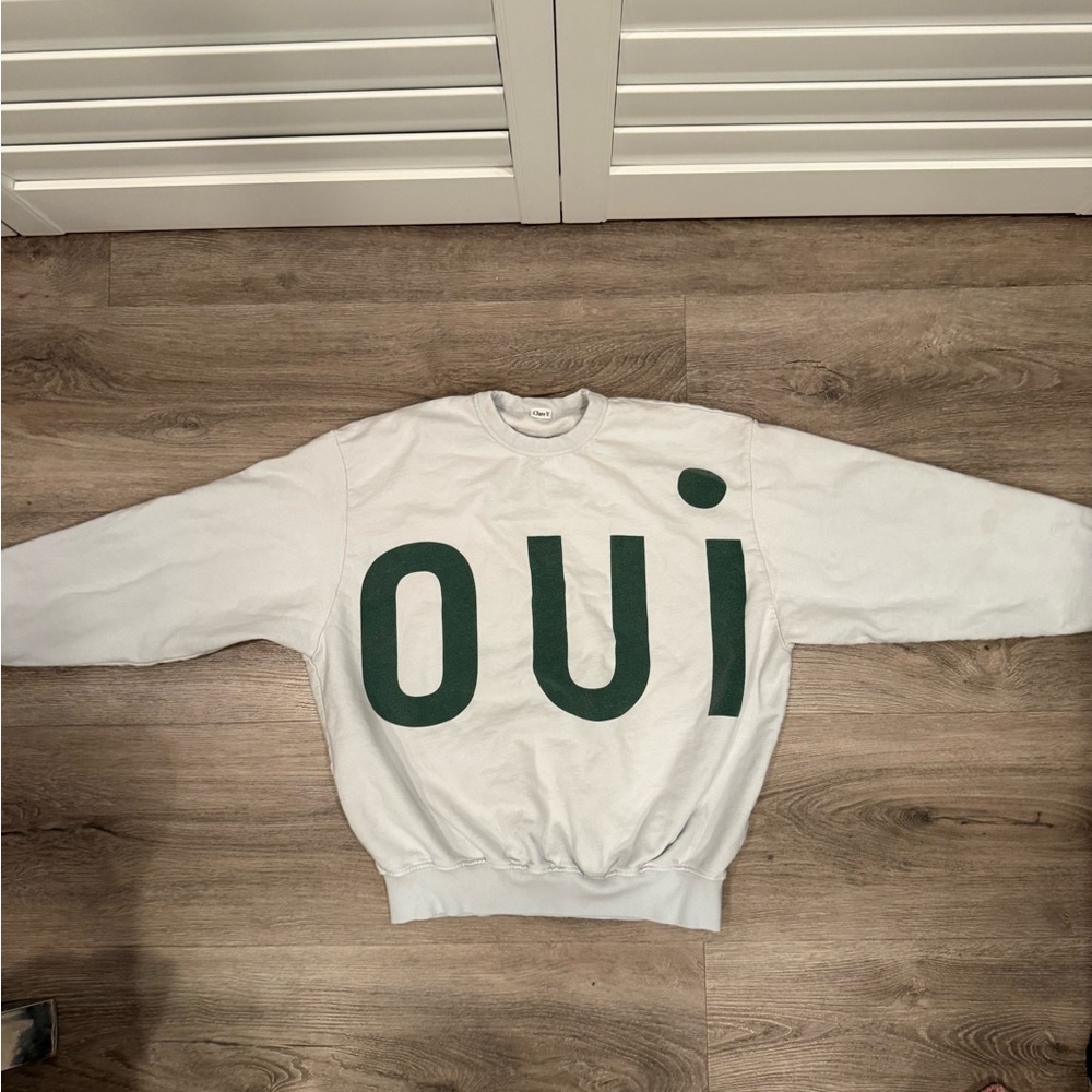 Clare V faded blue Sweatshirt with evergreen 'Oui'
